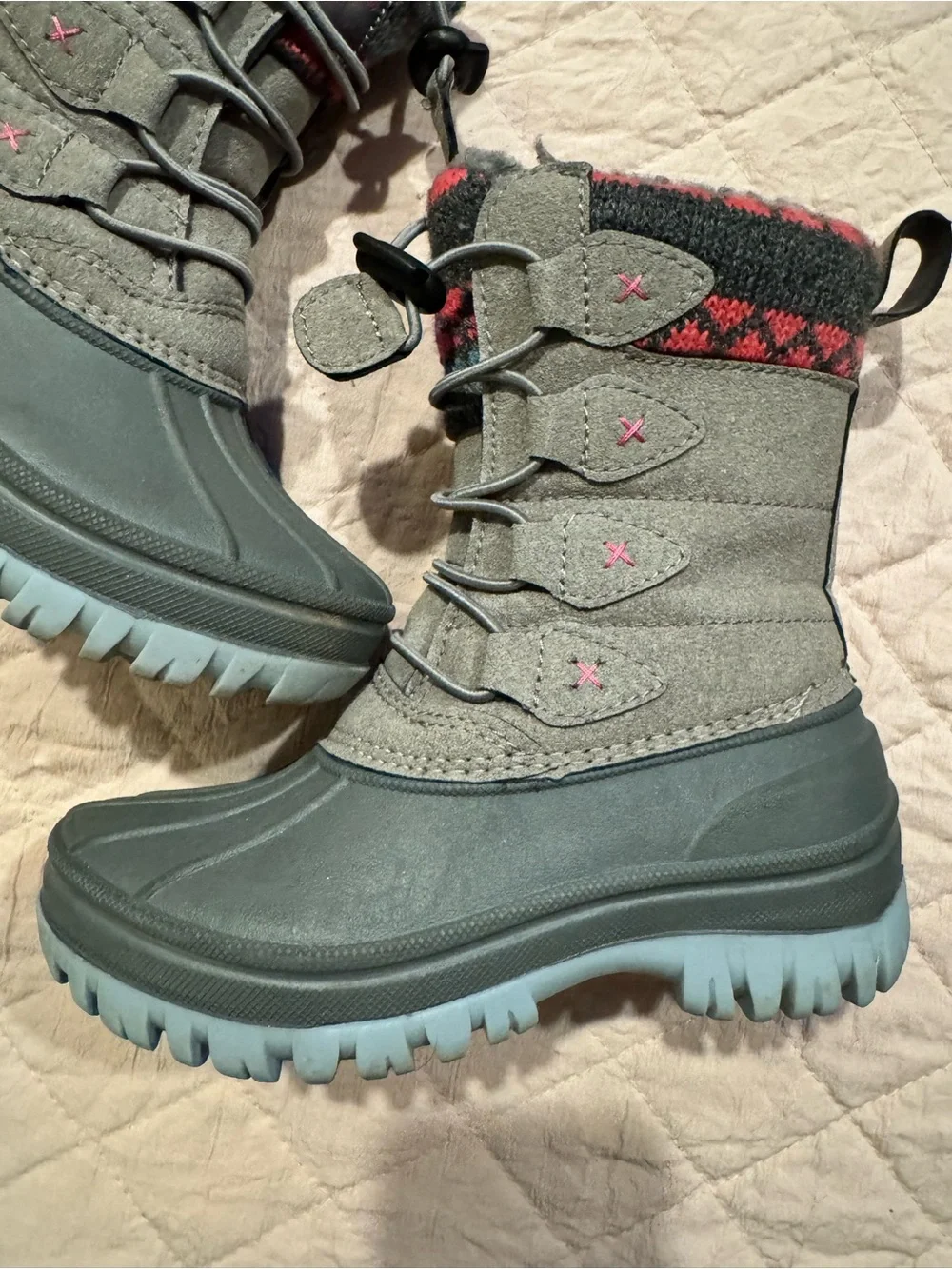 Kids Waterproof Snow Boots - Gray with Pink Accents